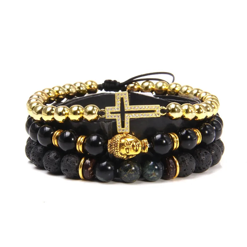 Vintage Herren Armband – Mehrschichtig mit Naturstein & Lava-Perlen, Pfeil-Charm