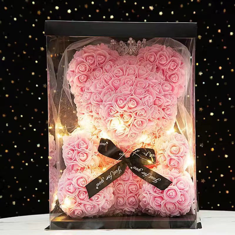 Wedding Decoration Rose Bear Artificial Flower with Box and Light Rose Teddy Bear for Women Valentines Girlfriend Birthday Gifts