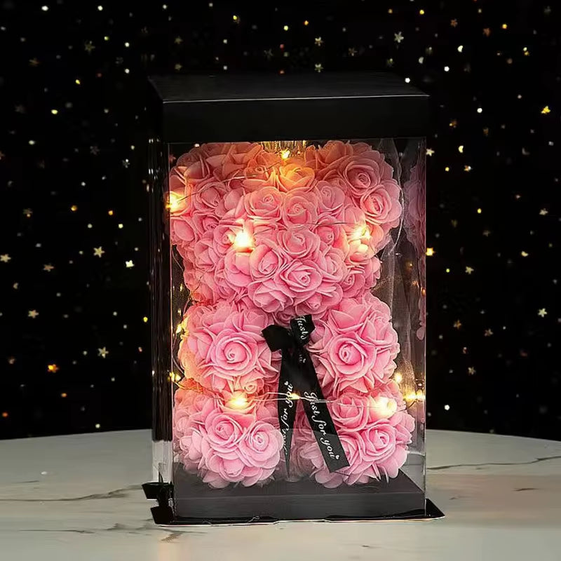 Wedding Decoration Rose Bear Artificial Flower with Box and Light Rose Teddy Bear for Women Valentines Girlfriend Birthday Gifts