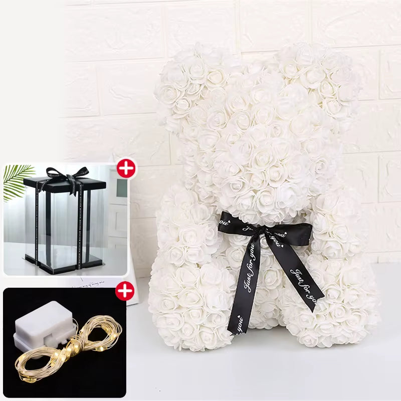 Wedding Decoration Rose Bear Artificial Flower with Box and Light Rose Teddy Bear for Women Valentines Girlfriend Birthday Gifts