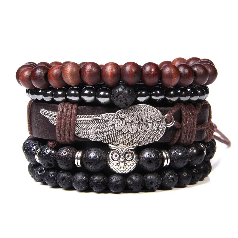 Vintage Herren Armband – Mehrschichtig mit Naturstein & Lava-Perlen, Pfeil-Charm