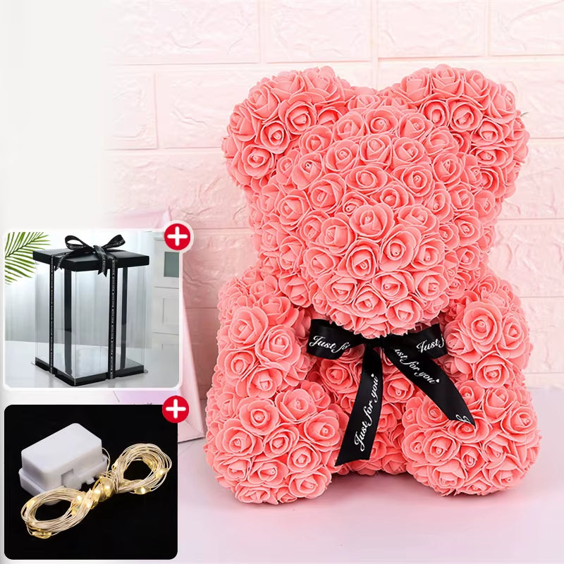 Wedding Decoration Rose Bear Artificial Flower with Box and Light Rose Teddy Bear for Women Valentines Girlfriend Birthday Gifts