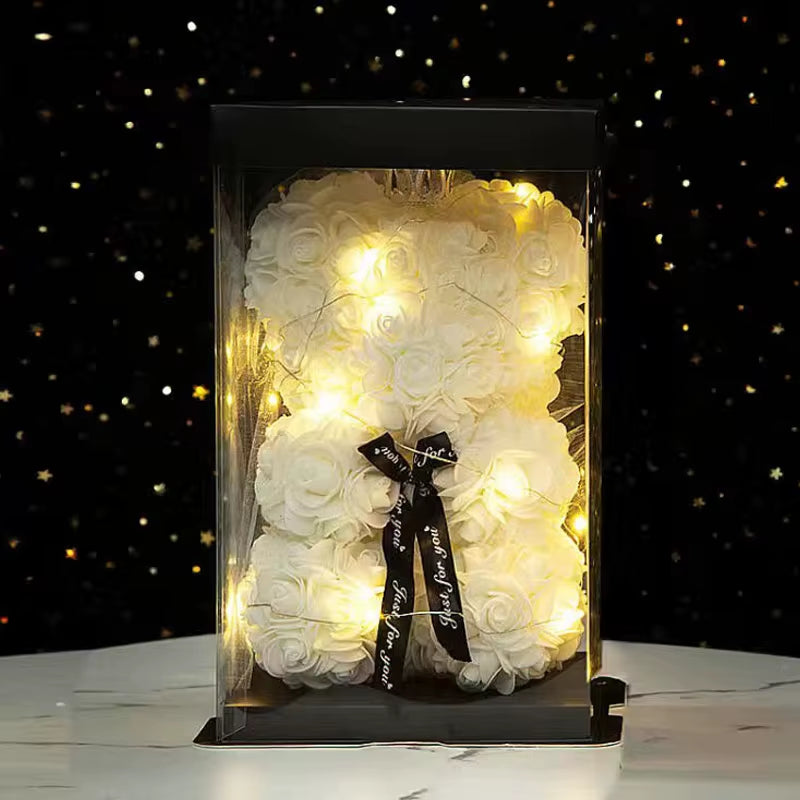 Wedding Decoration Rose Bear Artificial Flower with Box and Light Rose Teddy Bear for Women Valentines Girlfriend Birthday Gifts