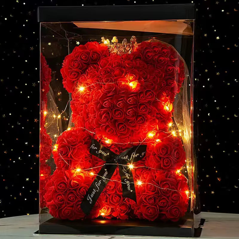 Wedding Decoration Rose Bear Artificial Flower with Box and Light Rose Teddy Bear for Women Valentines Girlfriend Birthday Gifts