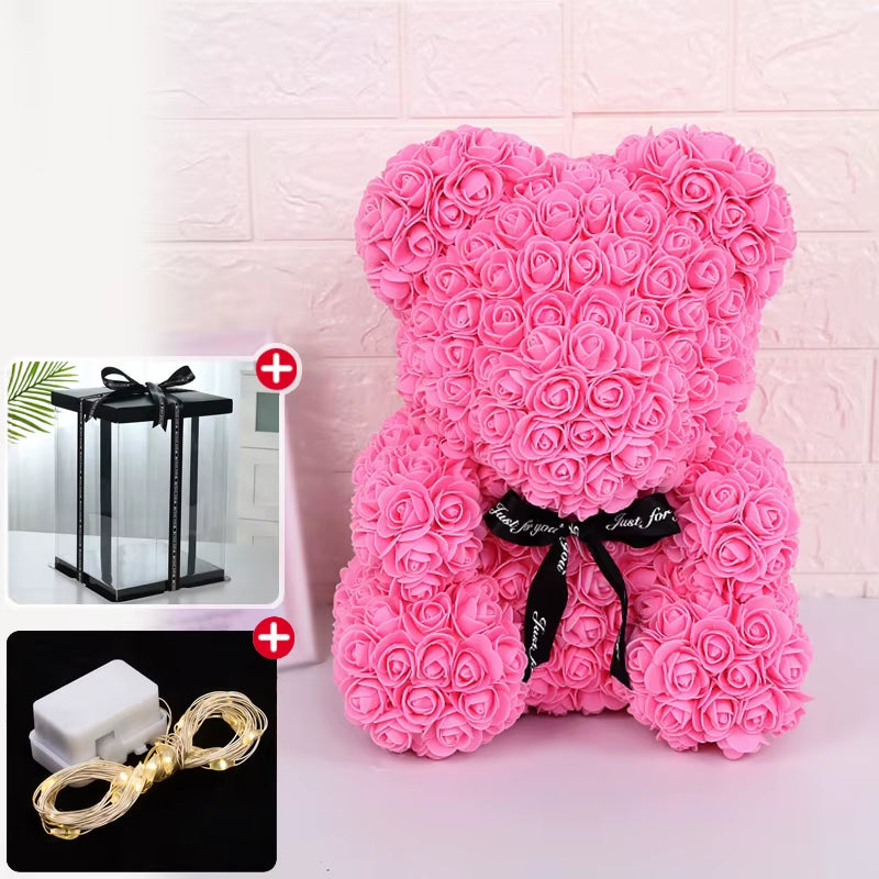 Wedding Decoration Rose Bear Artificial Flower with Box and Light Rose Teddy Bear for Women Valentines Girlfriend Birthday Gifts