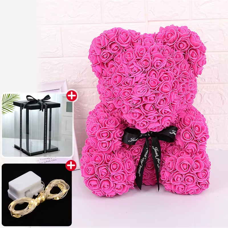 Wedding Decoration Rose Bear Artificial Flower with Box and Light Rose Teddy Bear for Women Valentines Girlfriend Birthday Gifts
